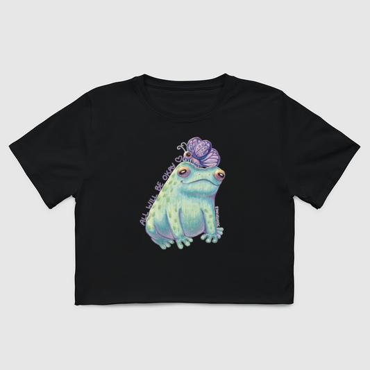 "All Will Be Okay" - Frog and Butterfly Original Art Illustration - 100% Cotton Womens Crop Tee