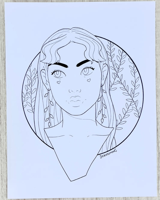 Girl with Long Hair and Floral Leaf Earrings Portrait Coloring Page