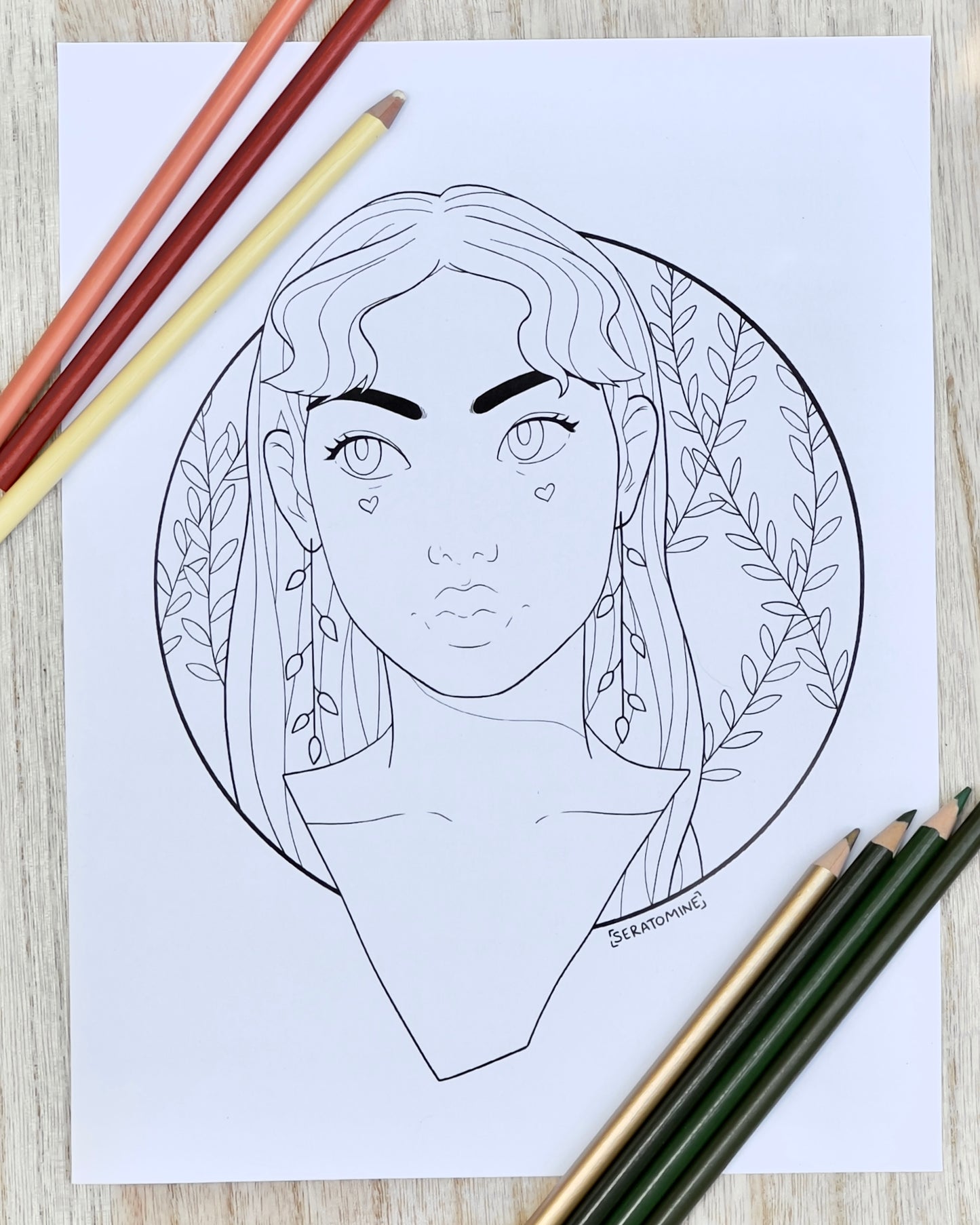 Girl with Long Hair and Floral Leaf Earrings Portrait Coloring Page