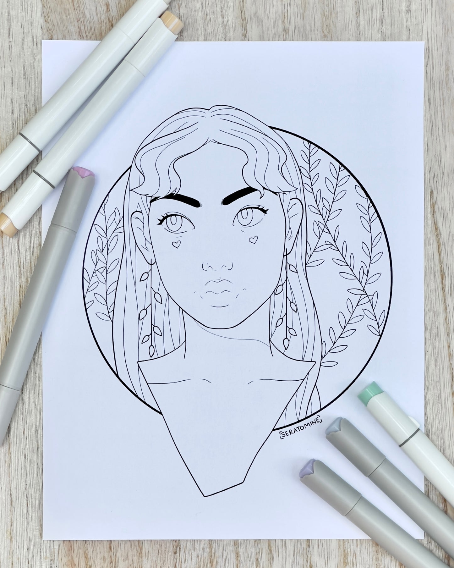 Girl with Long Hair and Floral Leaf Earrings Portrait Coloring Page