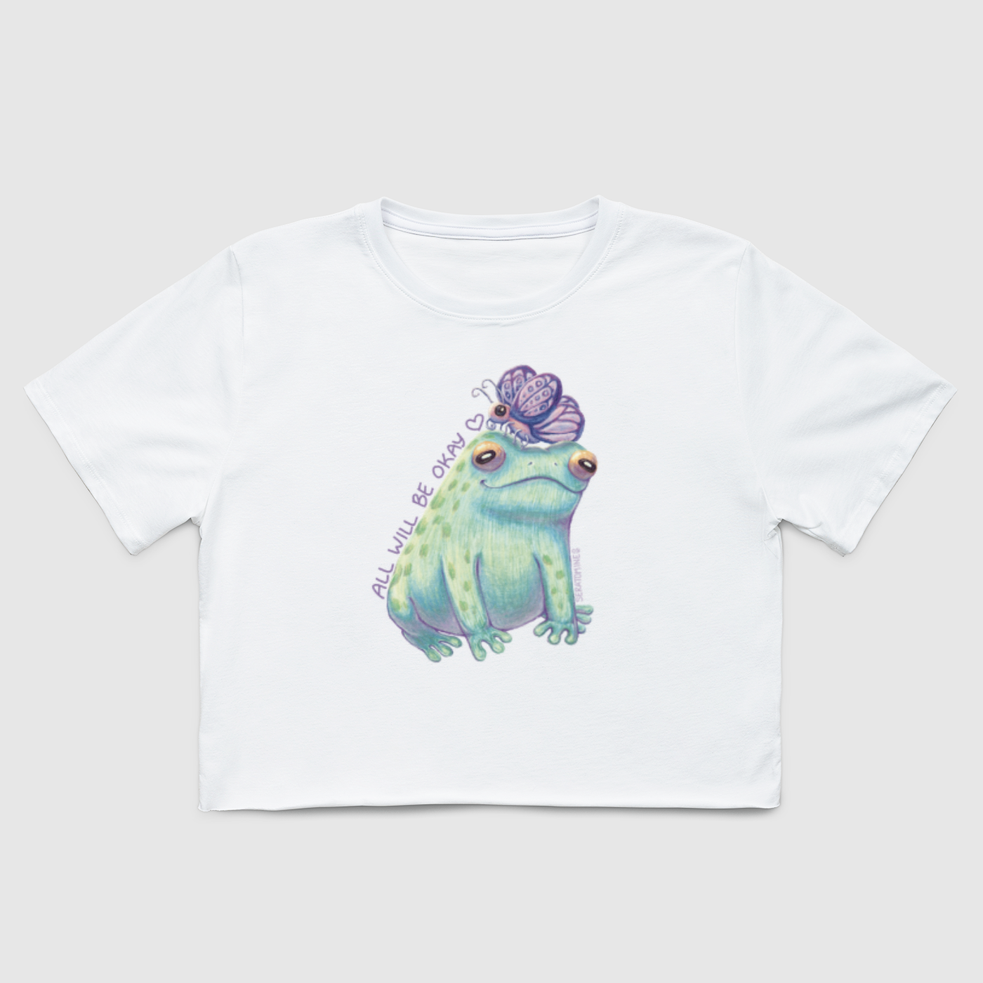 "All Will Be Okay" - Frog and Butterfly Original Art Illustration - 100% Cotton Womens Crop Tee